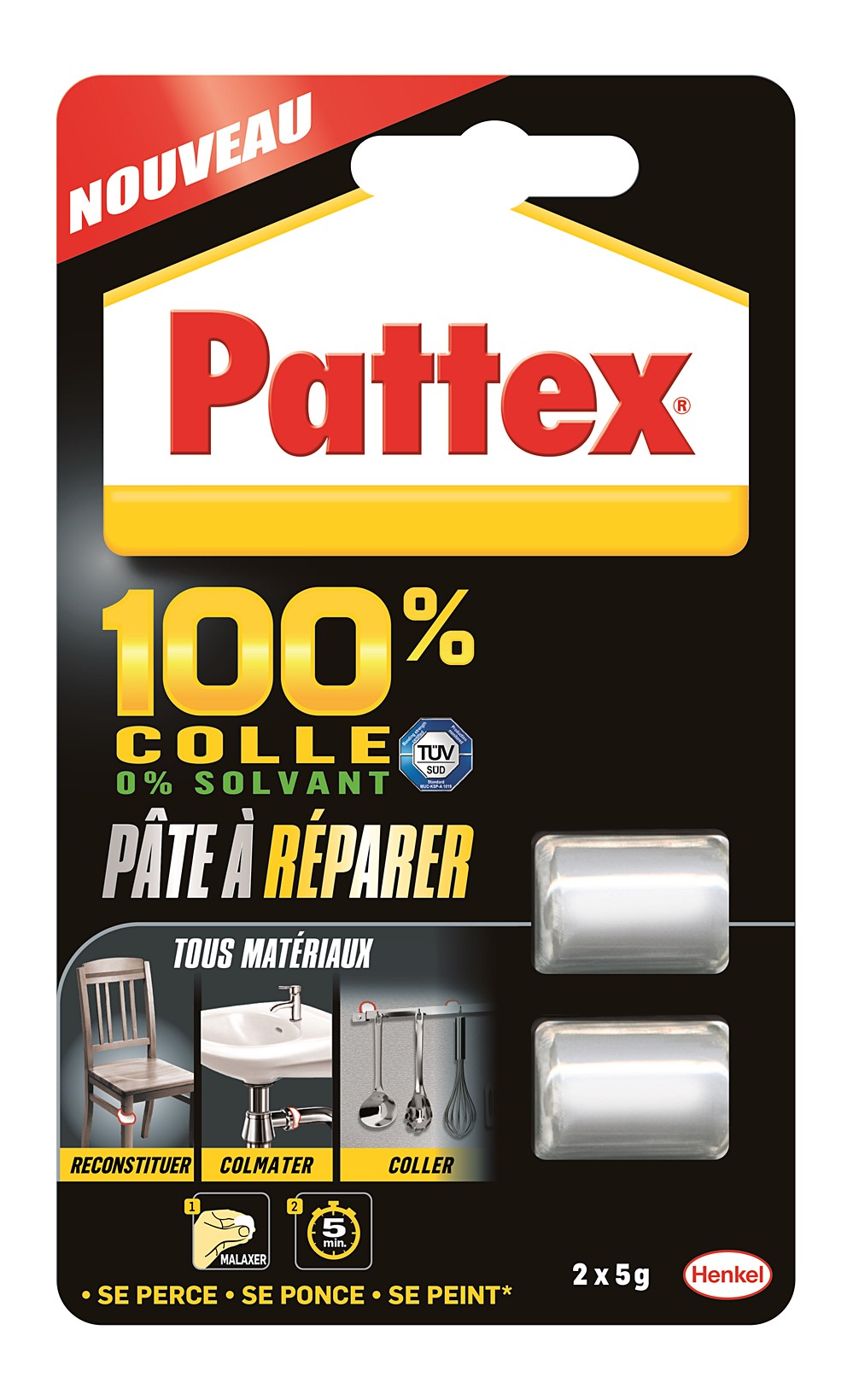 Pâte à Réparer 100% Colle 2x5gr Blanc - PATTEX 