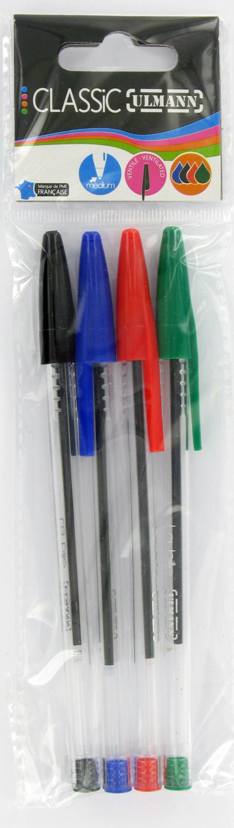 4 stylo billes polybag encre couleurs - ULMANN