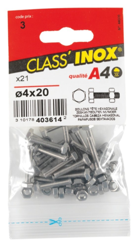 21 boulons tête hexagonale inox A4 4x20 - CLASS'INOX