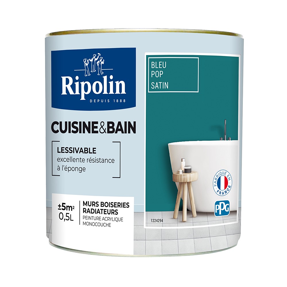 Peinture Cuisines et bains satin bleu pop 0,5L  - RIPOLIN