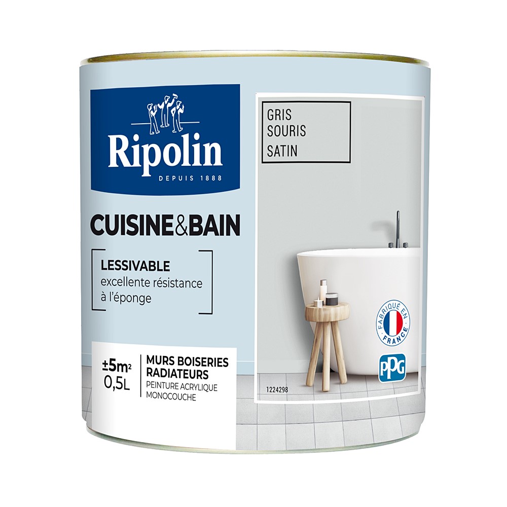 Peinture Cuisines et bains satin gris souris 0,5L  - RIPOLIN