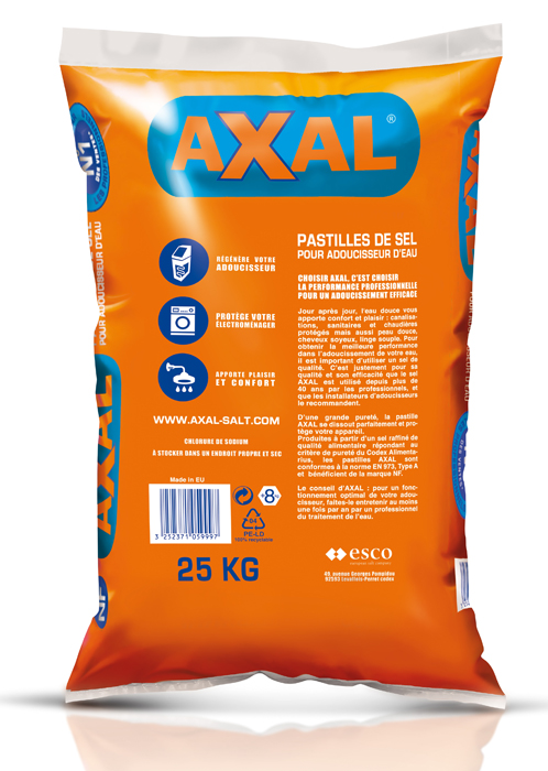 Sel pour adoucisseurs: Pastilles de sel pour adoucisseurs d'eau (Axal)  1,5x2,5 cm (25 Kg)