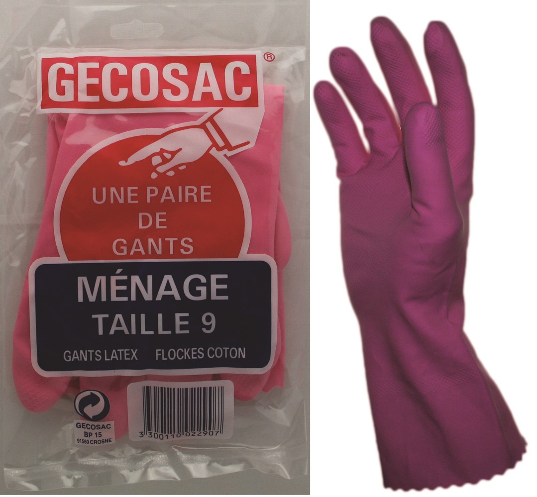 Paire de gants ménagers T9 latex flockés coton