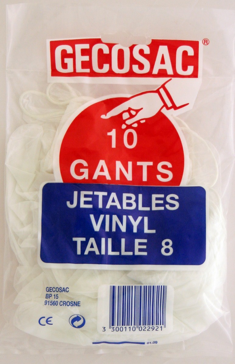 10 Gants vinyle ambidextres jetables - Taille 8