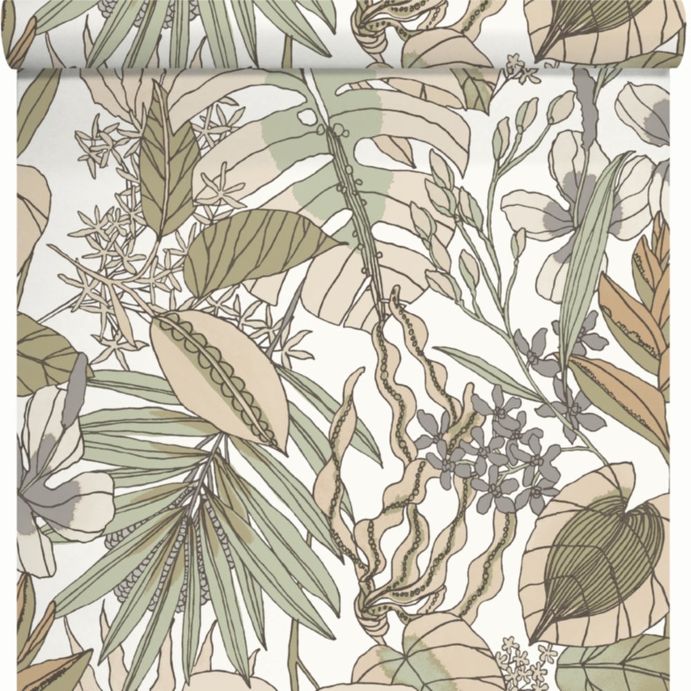 Papier peint vinyle lourd intissé Tropical Leaf beige/vert/gris - LUTECE