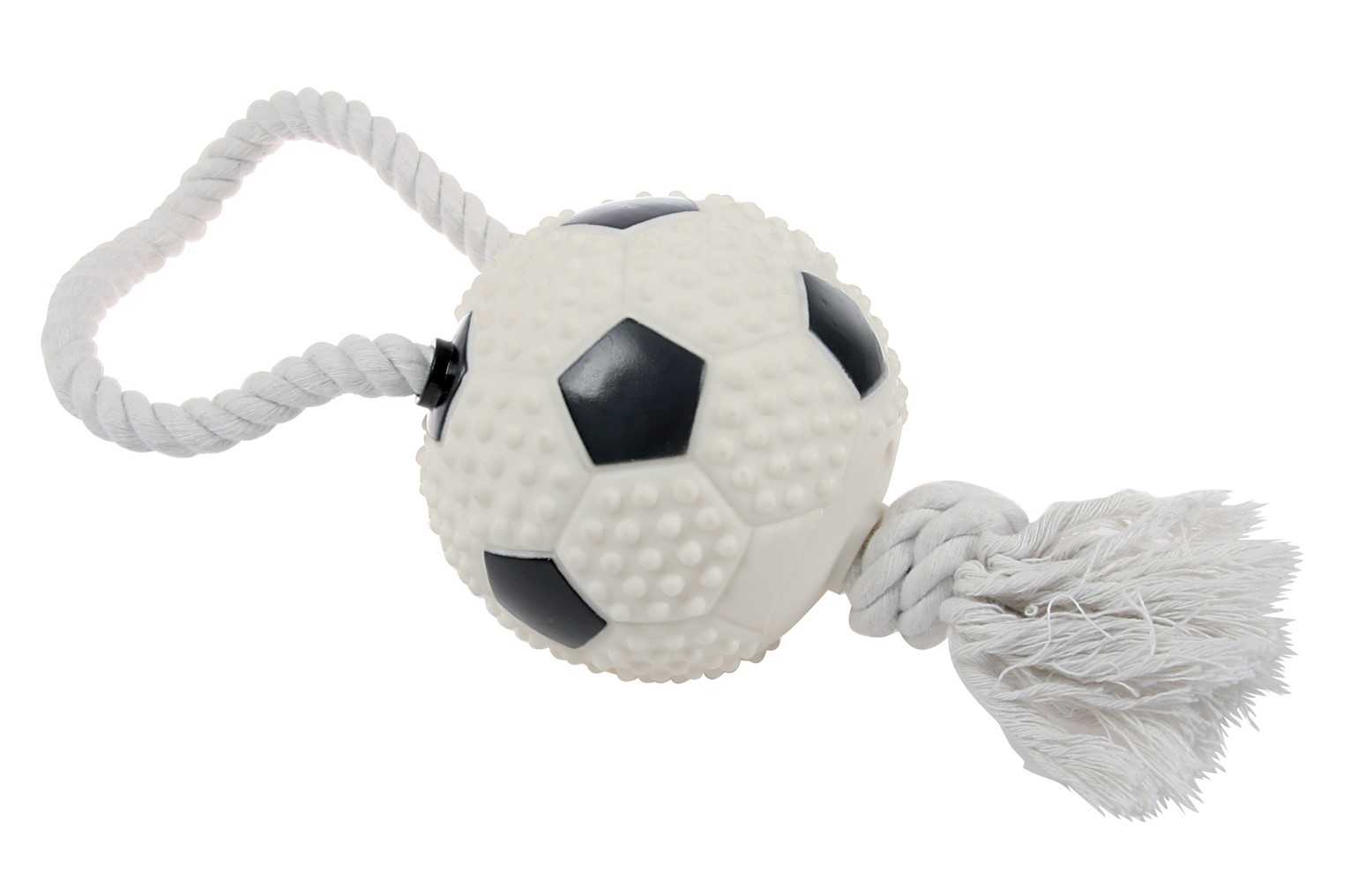 Jouet chien vinyle balle foot avec corde - 11cm
