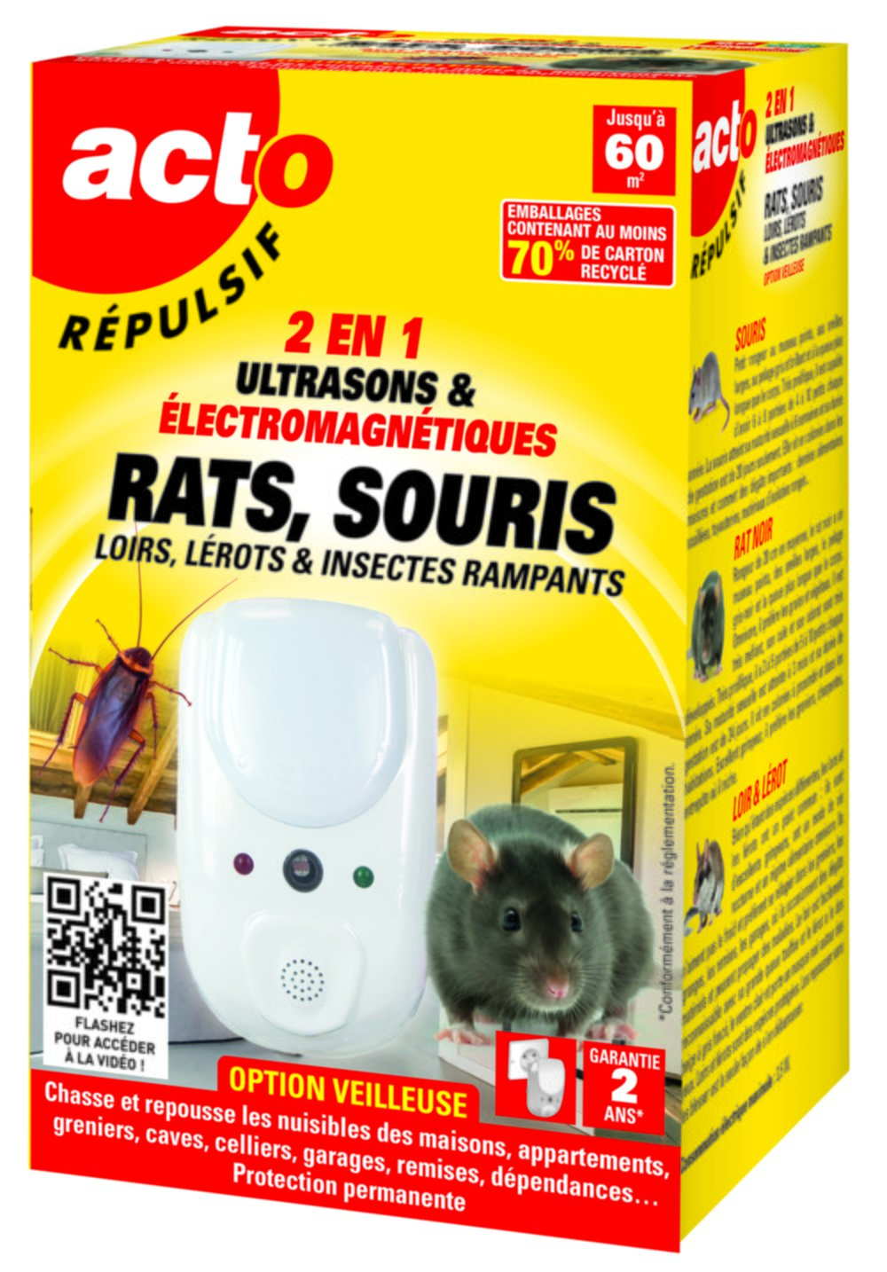 Répulsif Ultrasons + Ondes Électromagnétiques Rats/Souris/Insectes Rampants - ACTO