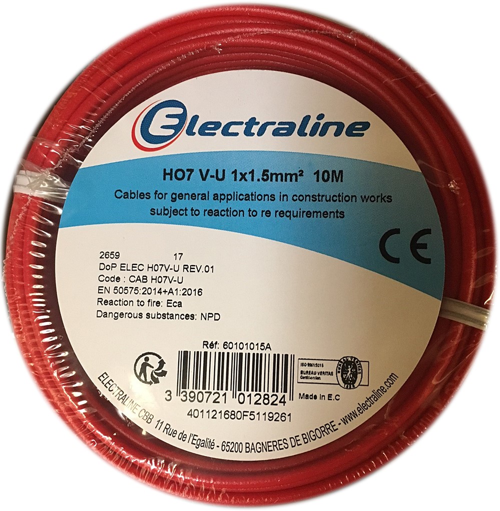 Câble rigide HO7 V-U 1x1.5mm² Rouge couronne 10m
