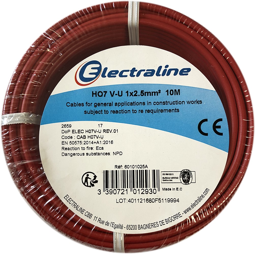 Fil électrique HO7 V-U 1x2.5mm² Rouge 10M - ELECTRALINE