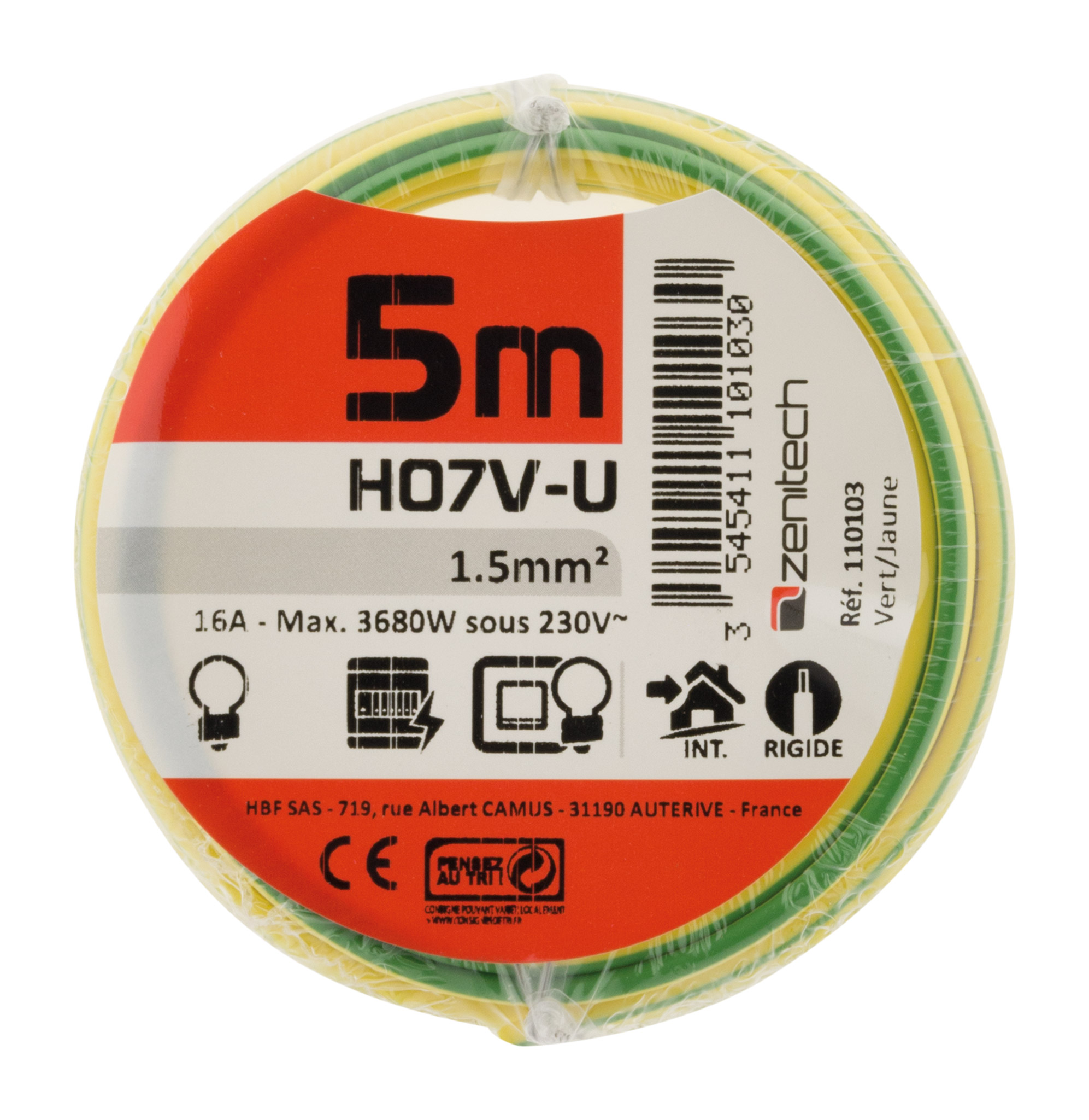 Cable ho7vu 1.5 vert/jaune 5m - PLASTO