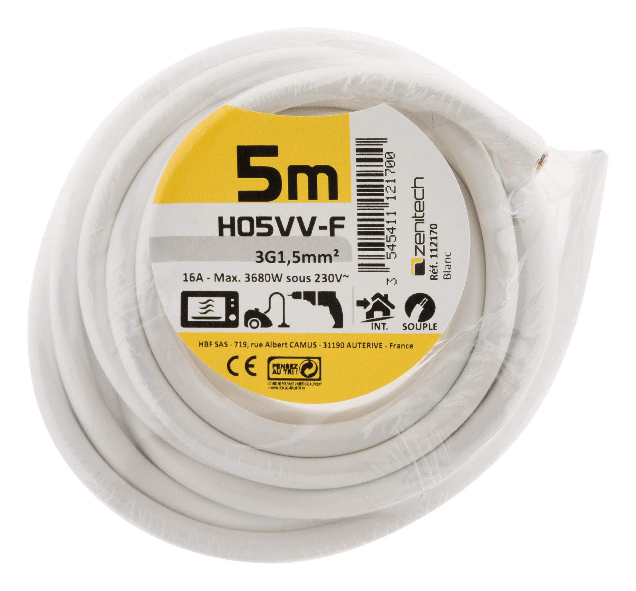Cable ho5vvf 3x1.5 blanc 5m - plasto - INOTECH