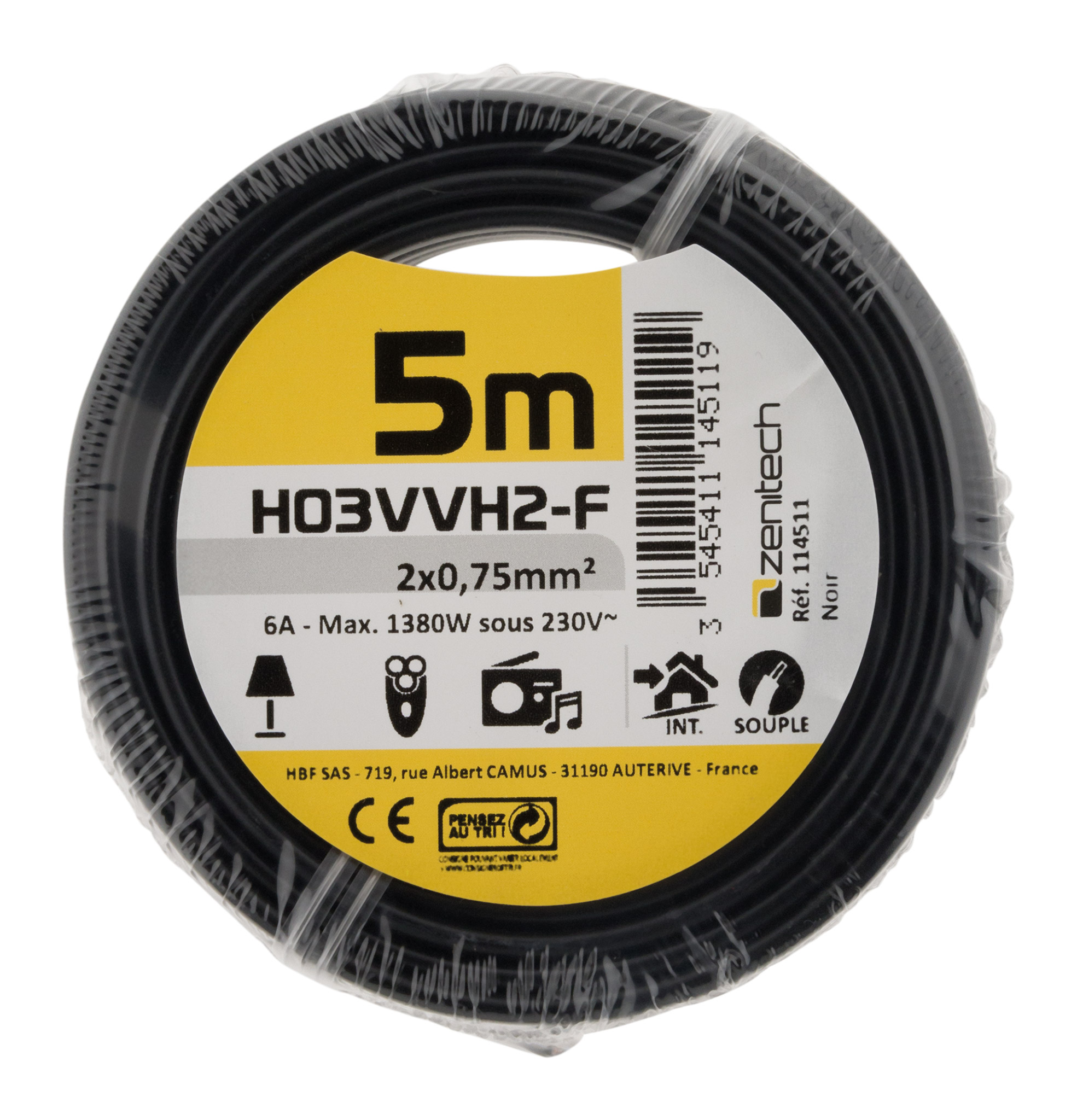Cable ho3vvh-2f 2x0.75 noir 5m - plasto - INOTECH