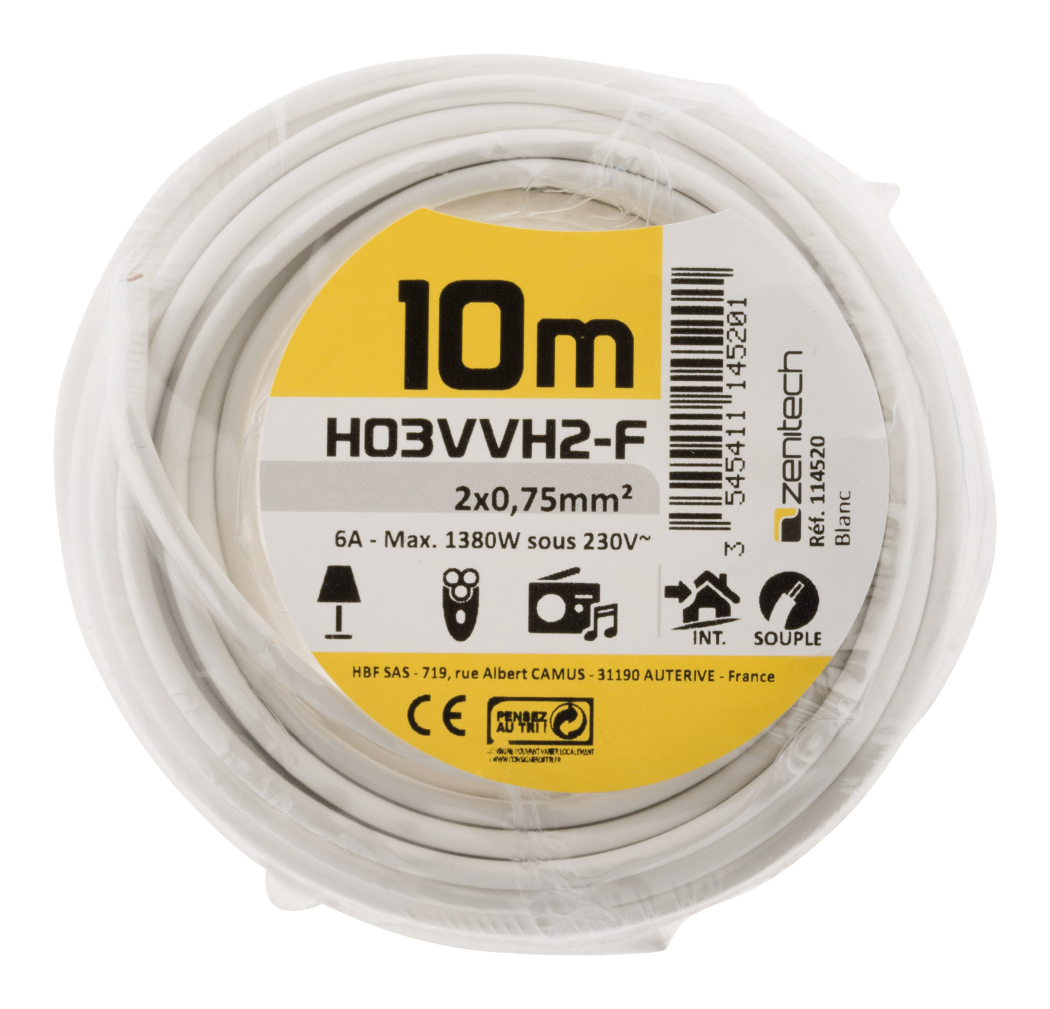 Cable ho3vvh-2f 2x0.75 blanc 10m - INOTECH