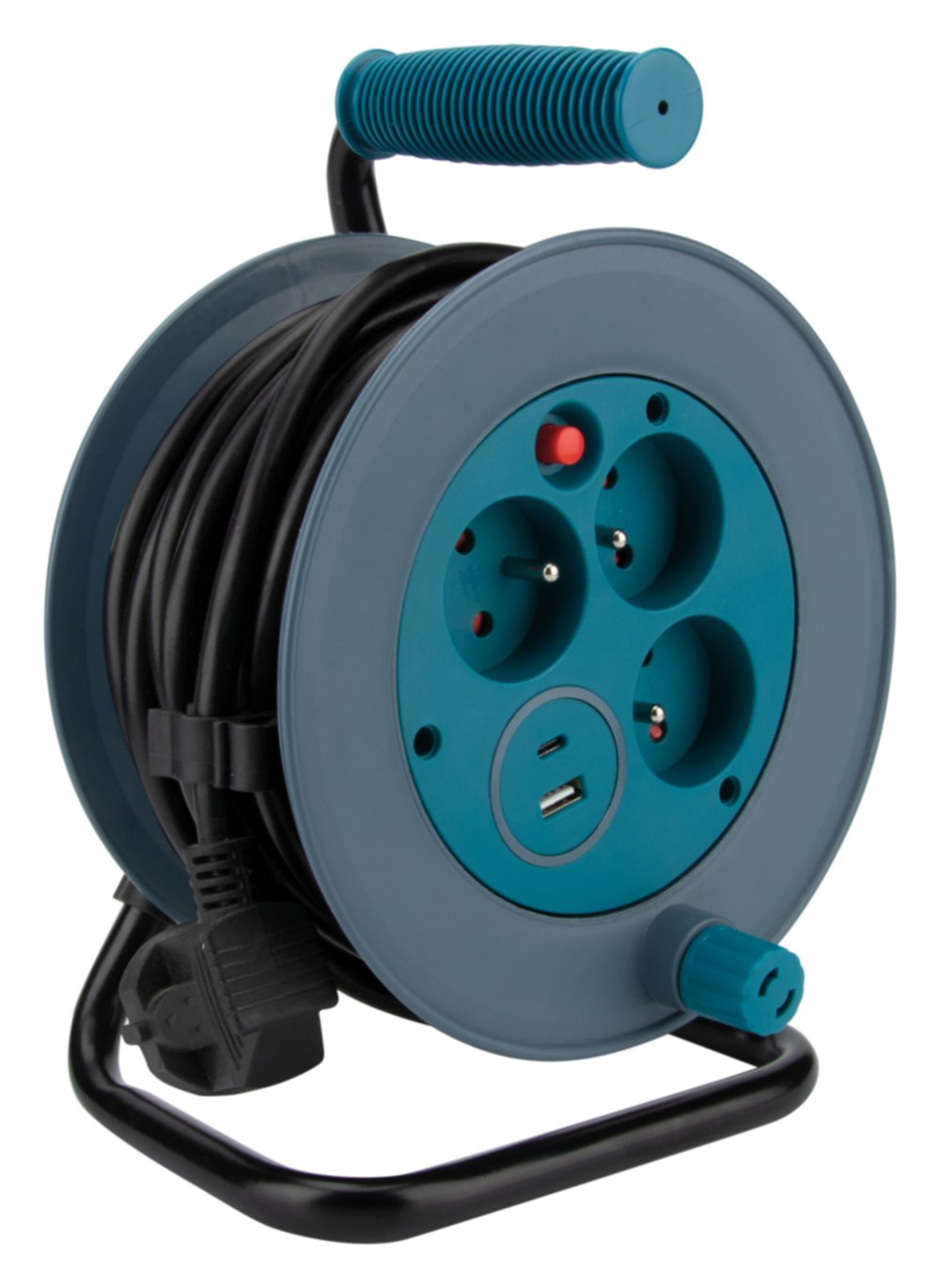 Enrouleur ménager compact de 12m 3 prises + 2 USB Turquoise - ZENITECH
