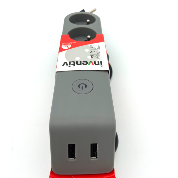 Multiprise 4 Prises 2P+T 16A Interrupteur 2 USB 1,50m Noir Gris - INVENTIV