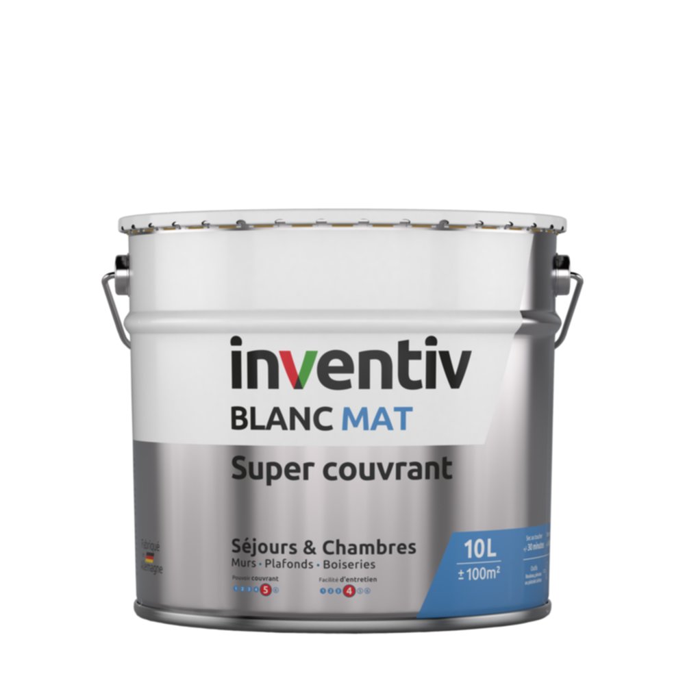 Peinture murs/plafonds super couvrant Blanc mat 10L  - INVENTIV