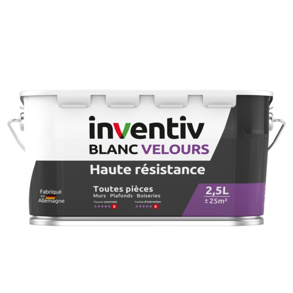 Peinture murs/plafonds haute résistance Blanc velours 2,5L  - INVENTIV