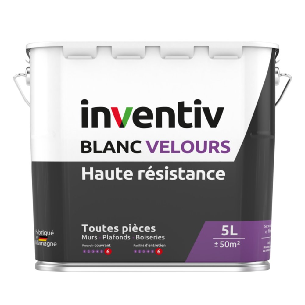 Peinture murs/plafonds haute résistance Blanc velours 5L  - INVENTIV