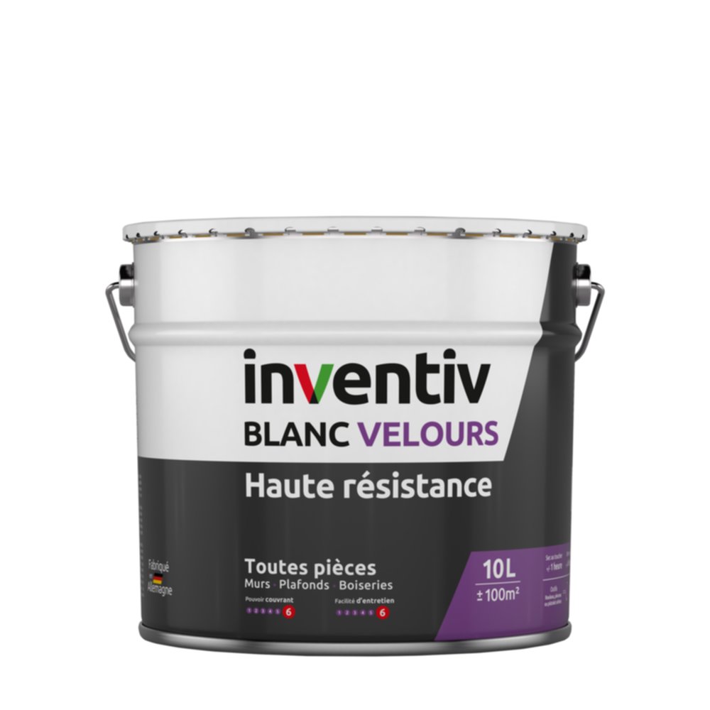 Peinture murs/plafonds haute résistance Blanc velours 10L  - INVENTIV