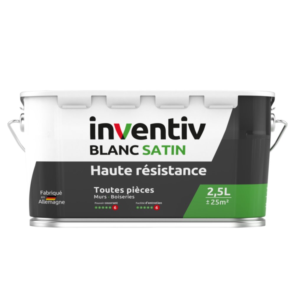 Peinture murs/plafonds haute résistance Blanc satin 2,5L  - INVENTIV