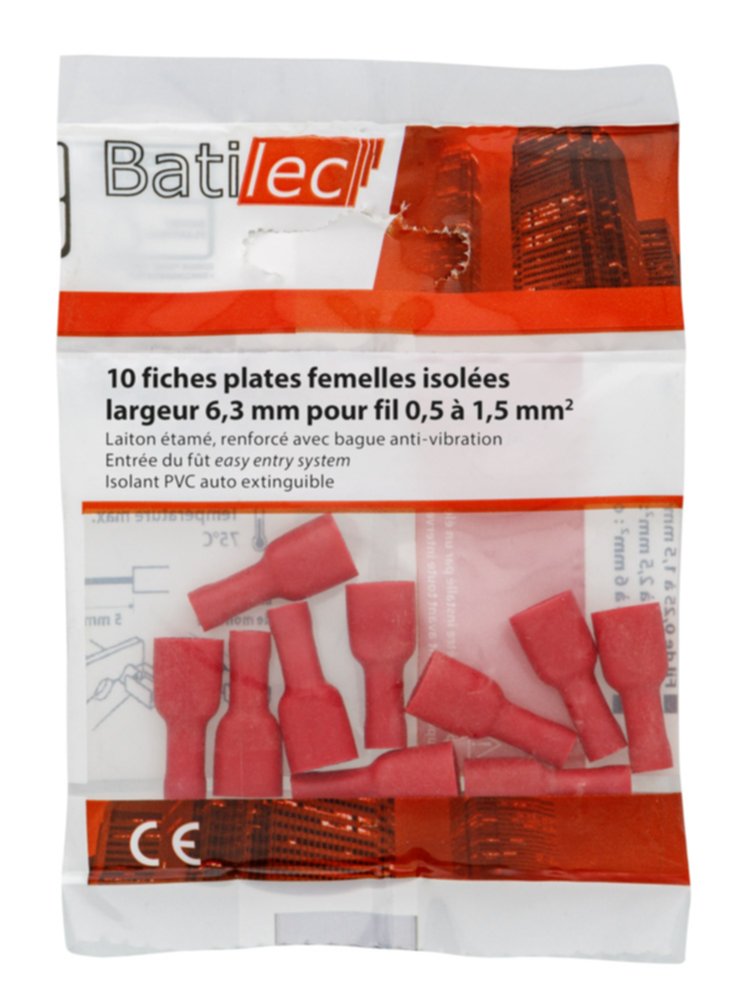 10 fiches plates femelles isolées rouge Section 0,5-1,5 mm²