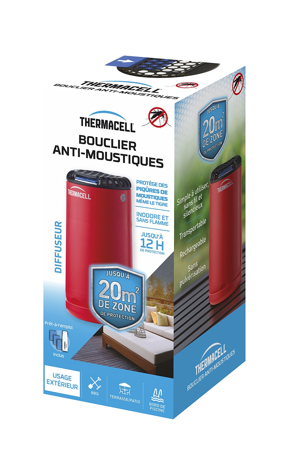 Bouclier anti-moustiques diffuseur rouge + 1 Cartouche de Butane + 3 Plaquettes de 4H - THERMACELL 