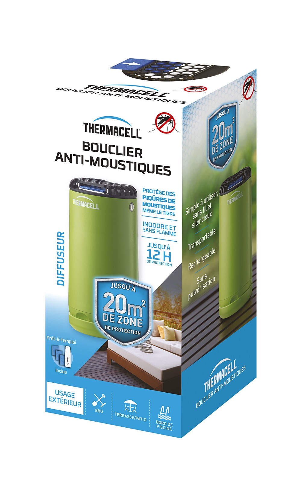 Bouclier anti-moustiques diffuseur vert + 1 Cartouche de Butane + 3 Plaquettes de 4H - THERMACELL 