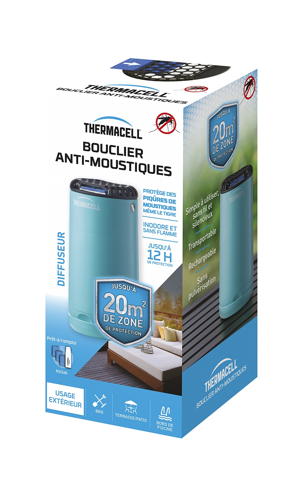 Bouclier anti-moustiques diffuseur bleu + 1 Cartouche de Butane + 3 Plaquettes de 4H - THERMACELL 