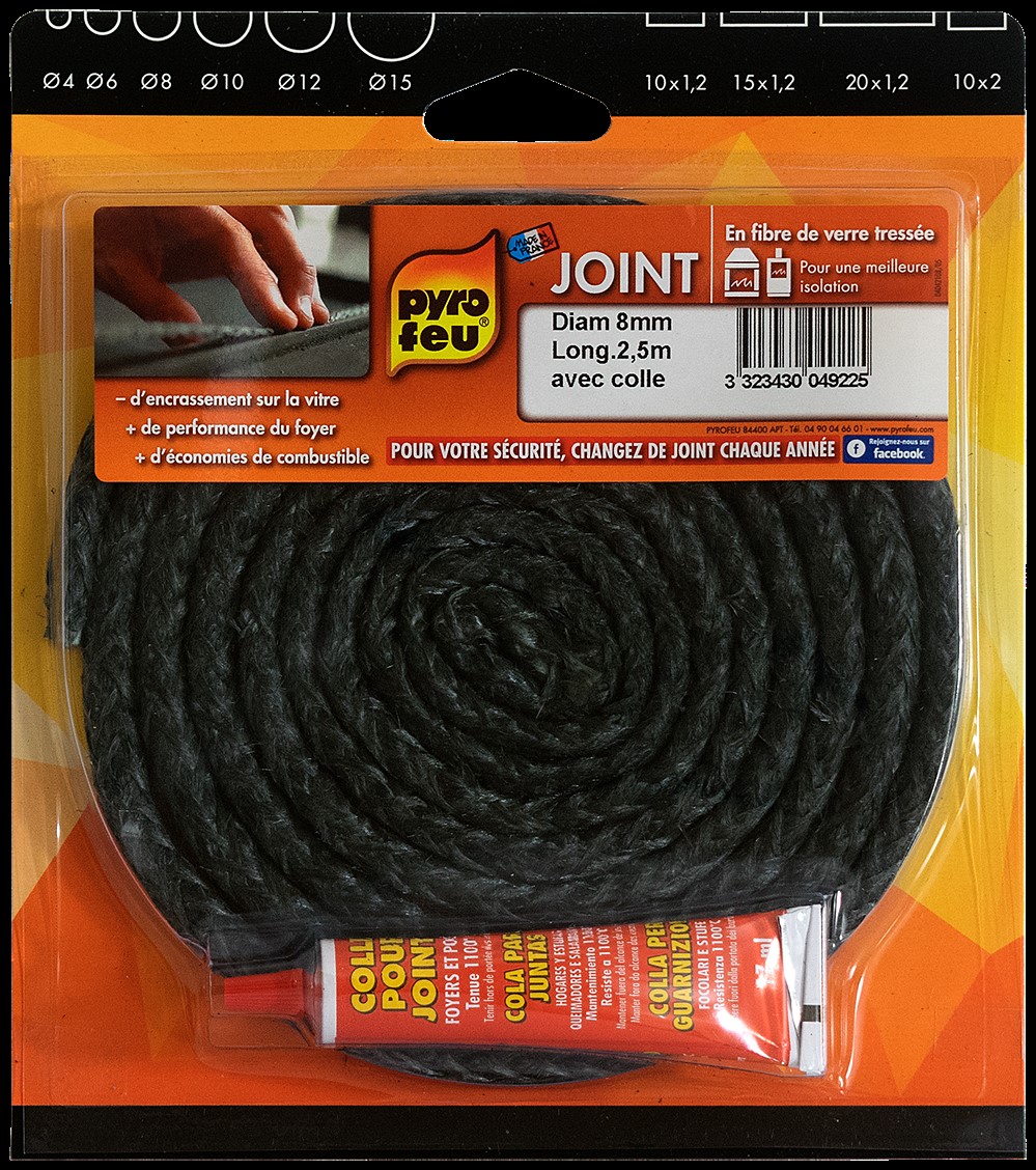 Joint noir Ø8 mm 2,50m + tube colle - PYROFEU