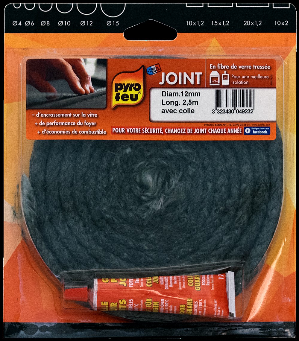 Joint Ø12 noir 2,50m + tube colle - PYROFEU