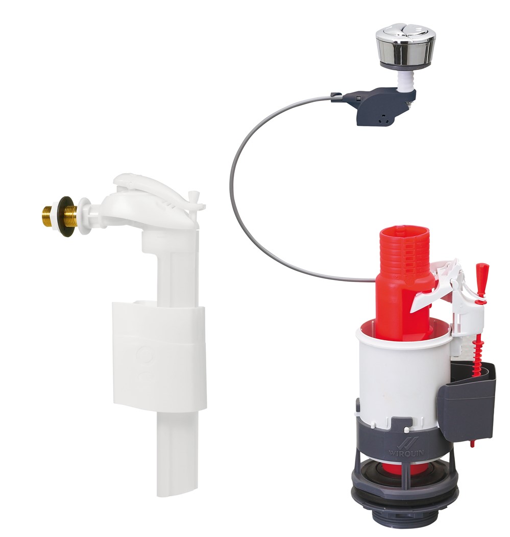 Ensemble complet de chasse d'eau double poussoir à câble, robinet flotteur servo-valve - WIRQUIN