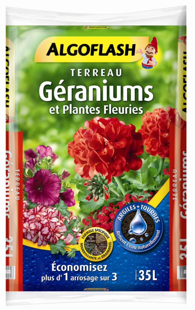Terreau géraniums et plantes fleuries à rétention d'eau d'origine naturelle 35L - COMPO ALGOFLASH