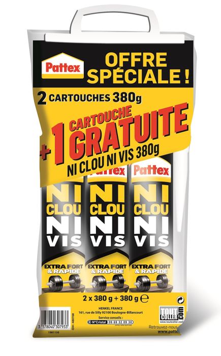 2+1 Cartouche colle Extra Forte Ni Clou Ni Vis 380gr - PATTEX - le