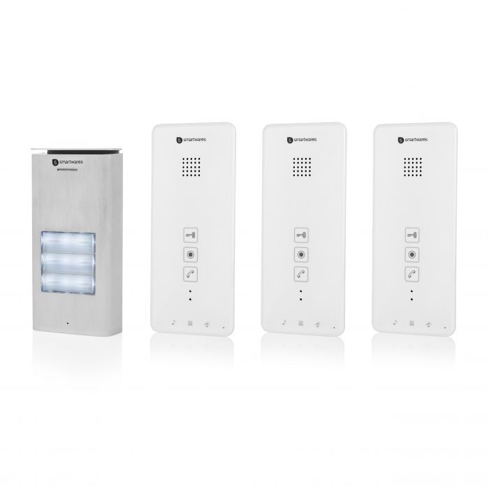 Interphone Smartwares DIC-21132 Kit pour 3 appartements Unité extérieure étanche Installation bifilaire facile 52 mélodies Audio 2 voies Bouton de sonnette lumineux 