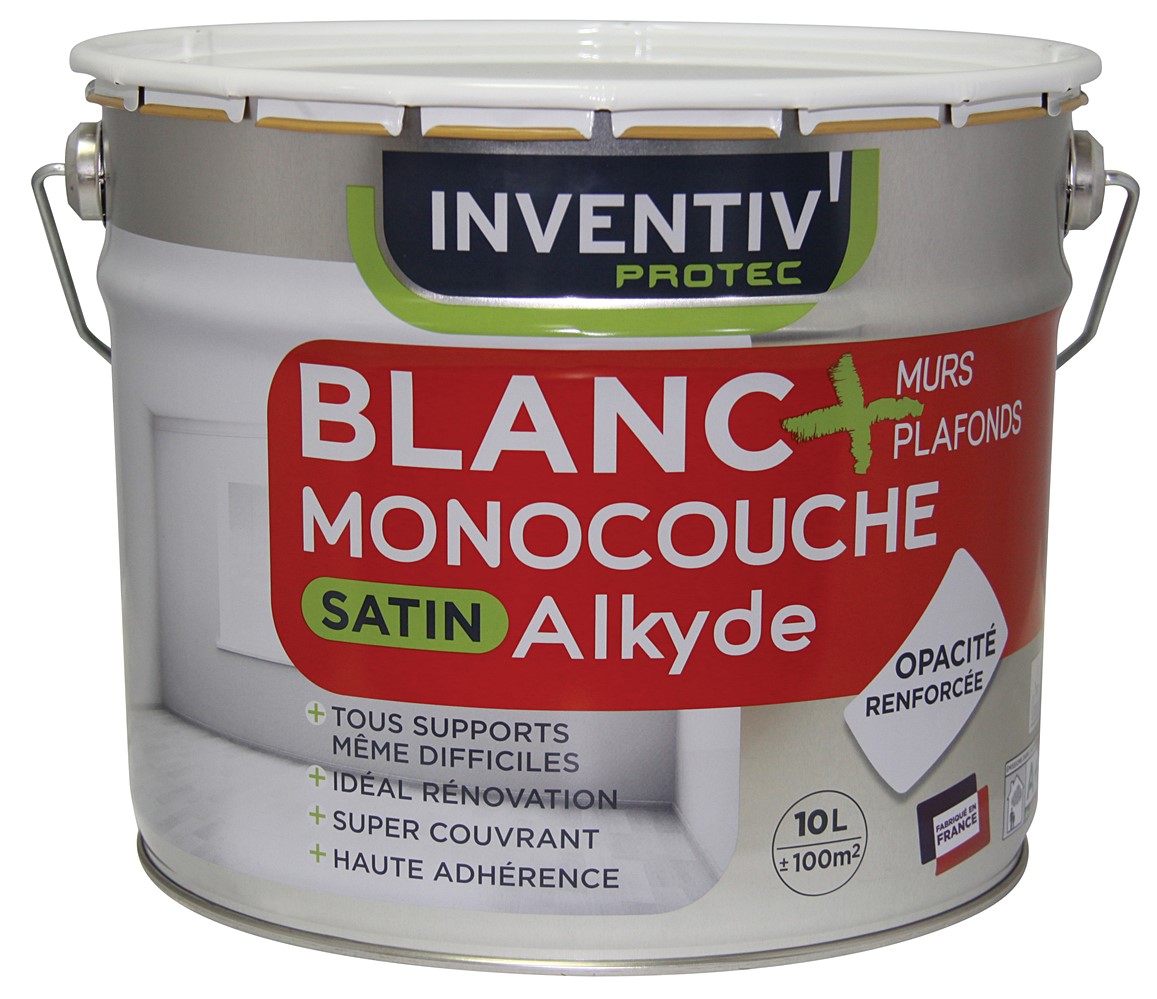 Peinture Murs & Plafonds alkyde Blanc satin monocouche 10L  - INVENTIV
