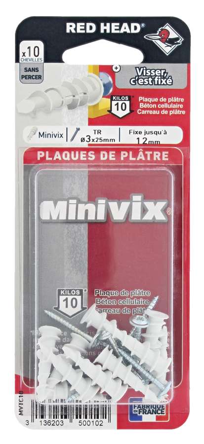 10 Chevilles Minivix Autoforeuses + Vis TR Ø3x25mm - RED HEAD